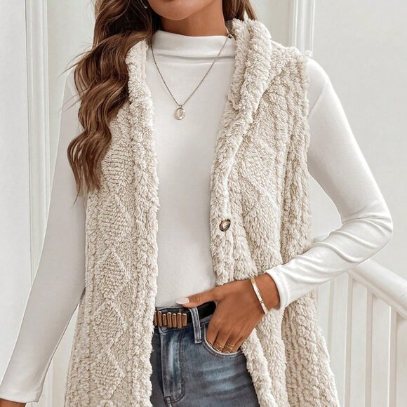 Apricot Casual Women's Hooded Sleeveless Fuzzy Coat - Picture 5 of 7